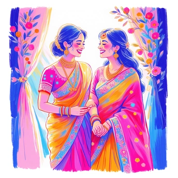 An Indian bridesmaid is standing next to the bride. The bridesmaid is wearing a vibrant saree adorned with intricate patterns and bright colors. The bride is dressed in a beautiful lehenga, richly embellished with sequins and embroidery. Both women are sharing a light moment, their faces illuminated with joy as they burst into laughter. The background features soft drapes and floral arrangements, enhancing the celebratory atmosphere. Sunlight filters through, casting a warm glow on the scene.