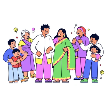 A Maharashtrian couple is dressed in traditional attire, with the man in a white kurta and a colorful dhoti, and the woman in a vibrant green saree with intricate gold patterns. They are smiling and standing together, while several family members are gathered around them, sharing laughter and joy. The family members include elderly relatives in traditional outfits and children playing nearby. There are decorations such as colorful garlands and festive items scattered throughout the scene, adding to the cheerful atmosphere of the get-together.