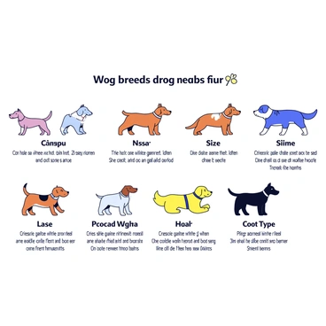 A chart displaying various dog breeds in a minimalistic cartoon illustration style. Each breed is represented by a distinct, colorful illustration showing the dog in a standing position. The chart includes breed names in bold, clear font next to each illustration. Below each breed name, there are concise descriptions of key characteristics such as size, coat type, and temperament, presented in a simple, organized manner. The background is plain to emphasize the illustrations and text on the chart.