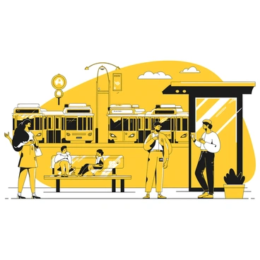 A busy city bus stop with a group of diverse people waiting for buses. In the foreground, a woman is standing with her handbag, looking at her watch. Next to her, a man is checking his phone while holding a coffee cup. A child is sitting on a bench, playing with a toy. In the background, the bus stop sign is visible along with shelters for waiting passengers. Several buses are lined up at the stop, and the street is bustling with activity.