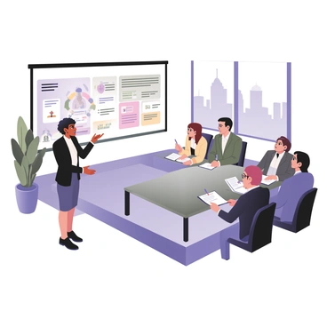 A digital flat illustration depicting an entrepreneur standing confidently at the front of a sleek boardroom. The entrepreneur is a woman with medium skin and short curly hair, wearing a smart black blazer and white blouse. She is gesturing towards a large projection screen displaying a colorful infographic about her startup idea. The boardroom is modern, featuring a large glass table surrounded by several investors. The investors, a diverse group of men and women, are seated and attentively watching the presentation. The room has floor-to-ceiling windows showcasing a city skyline in the background. There are notepads and pens on the table, and some investors are taking notes. A large potted plant sits in the corner of the room.