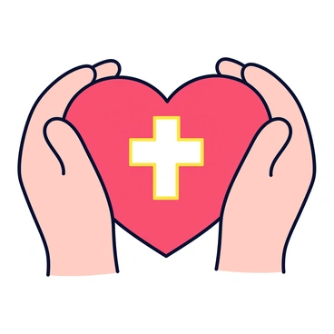 Two hands are positioned gently around a heart shape. The heart is a vibrant red color and has a smooth surface. Inside the heart, there is a small, glowing cross that emits a soft light. The hands are depicted in a neutral skin tone, with fingers delicately wrapping around the heart, creating a sense of care and connection. The background is simple and unobtrusive, focusing attention on the heart and the hands.