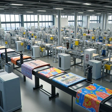 A spacious factory interior filled with numerous large machines and intricate gears turning in motion. Conveyor belts run throughout the factory, transporting vibrant art prints in various colors and designs. Art prints display an array of patterns and images, showcasing bright blues, reds, and yellows. The machinery is metallic with a polished finish, and the floor is made of concrete, reflecting the lively colors of the prints. Sunlight streams in through large windows, illuminating the busy workshop atmosphere. Various workers can be seen monitoring the machines and handling the prints as they move along the conveyor belts.