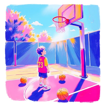 A child is standing on a basketball court, looking up at a tall basketball hoop. The hoop is mounted high on a wooden backboard, and the net hangs loosely. The child has short curly hair and is wearing a bright red jersey with the number "23" on it. He has a focused expression on his face, filled with determination and dreams. Around him, the court is marked with white lines, and there are a few scattered basketballs nearby. Sunlight streams down, illuminating the scene and enhancing the colors.