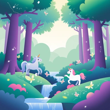A dense fantasy forest is filled with trees that have unusual colors, such as bright purple trunks with emerald green leaves and deep blue foliage. The ground is covered in vibrant moss that glows with a soft luminescence. Among the trees, various mythical creatures are present, including a silver unicorn with a shimmering mane and a small group of fairies with translucent wings flitting between the branches, leaving trails of sparkling light. In the background, a gentle stream flows, its water reflecting the fantastical colors of the forest. The atmosphere is filled with a sense of wonder as the creatures interact with their unique surroundings.