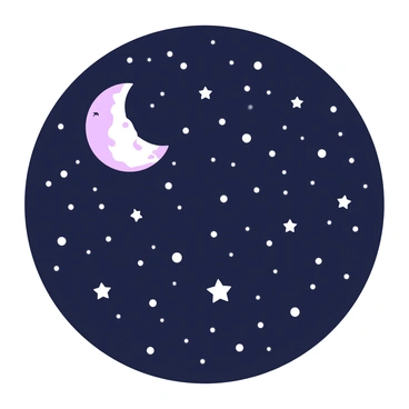 A simple round frame contains a starry night sky. Within the frame, countless stars are scattered across the dark expanse, twinkling brightly. A crescent moon hangs gracefully in one corner of the sky, casting a soft light. The moon has a delicate curved shape, detailed with subtle craters. The overall composition emphasizes the contrast between the deep background and the luminous celestial objects.