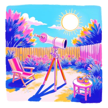 A telescope is positioned on a sturdy tripod in a backyard, aimed towards the bright sun. The telescope features a sleek white tube and a solar filter attached to the front, providing safety for viewing. Nearby, a lawn chair and a small table hold glasses and snacks for observers. In the background, a picket fence encloses a well-maintained garden filled with blooming flowers. The sky is clear with a few fluffy clouds scattered above, creating an inviting atmosphere for the solar eclipse observation.