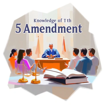 A vintage-style poster promoting knowledge of the "5th Amendment" features a bold, central title in retro typography. The background showcases a courtroom scene with a judge in robes and a gavel raised. To the side, a diverse group of citizens is depicted, each engaging in conversation, reflecting a sense of community and awareness. Illustrations of legal symbols, such as the scales of justice and a stacked law book, frame the composition. The color palette includes muted tones of sepia and deep blue, enhancing the nostalgic appeal of the design.