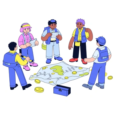 A group of treasure hunters stands on a flat surface, examining detailed maps spread out on the ground. Each hunter is equipped with various tools such as shovels, metal detectors, and compasses. The hunters wear rugged clothing suitable for outdoor exploration. Sunlight casts shadows as they eagerly discuss their strategy, pointing at specific locations on the maps. Scattered around them are glimmering gold coins and a small chest partially buried in the ground.