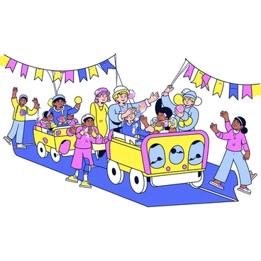 A lively parade takes place along a cheerful street. Brightly decorated floats move down the road, each showcasing an array of vibrant colors and imaginative designs. People in elaborate costumes join the parade, wearing masks and accessories that display a variety of patterns and hues. Some performers juggle bright balls, while others dance joyfully alongside the floats. Colorful banners stream in the breeze, adding to the festive atmosphere of the scene.