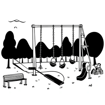 An abandoned playground with rusted swings hanging from discolored chains. The swings are positioned in a way that they slightly sway in the wind. The ground is covered with cracked asphalt and overgrown grass. Dusk light casts long shadows across the playground, illuminating scattered remnants of playground equipment, such as a broken slide and a derelict merry-go-round. A few empty, weathered benches surround the area, and the trees in the background are silhouetted against the fading light.