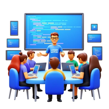 A tech-savvy instructor standing in front of a group, demonstrating coding concepts. The instructor is wearing glasses and a casual tech-themed shirt. Several laptops are open on a table in front of the participants. The room is filled with modern tech equipment and displays showing coding challenges. There are enthusiastic participants sitting around, focused on their screens. A large screen in the background displays a coding interface with colorful syntax highlighting.