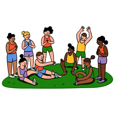 A group of high school athletes on a track field, warming up before a meet. There are several students of diverse backgrounds, including light-skinned athletes and dark-skinned athletes. They are stretching their legs and arms, some in a standing position while others are seated on the grass. A few athletes are chatting with each other, smiling and laughing, creating a lively atmosphere. All of them are wearing colorful athletic gear, including tank tops, shorts, and running shoes. Bright sunlight shines down on the scene, casting soft shadows on the field.