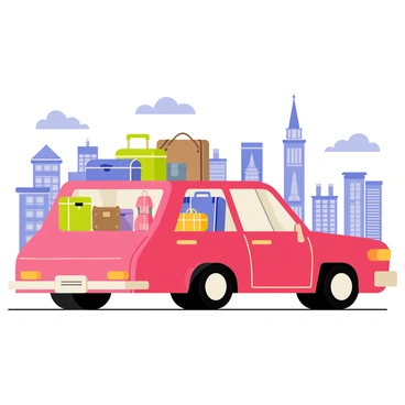 A family car with a bright red exterior is packed with various pieces of luggage on the roof and inside. The car features four doors and has a cheerful design. A blue suitcase, a green backpack, and a large brown duffel bag are visible alongside a few smaller bags. In the background, a bustling cityscape is depicted with tall buildings, busy streets, and colorful storefronts, indicating a lively urban environment. The sky above is clear with a few fluffy clouds, suggesting a beautiful day for a vacation.