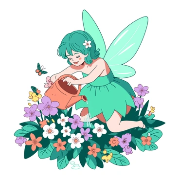 A teal fairy with shimmering wings is carefully tending to a cluster of colorful flowers in a vibrant garden. The fairy is wearing a delicate dress made of petals, and her hair is adorned with small blossoms. In her hands, she holds a bright orange watering can, tilting it gently as water cascades over the flowers. The garden is filled with an array of flowers in various colors and sizes, each blooming beautifully under the warm sunlight. Butterflies and bees can be seen fluttering around, adding life to the scene.