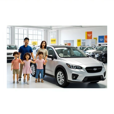 A family of four stands together in a bright car dealership, looking excitedly at a spacious SUV. The parents, a man with short black hair and a woman with long brown hair, are smiling broadly. The man wears a blue polo shirt and the woman is dressed in a light-colored blouse and jeans. Their two children, a boy with curly hair and a girl with straight hair wearing a pink dress, are jumping with joy beside them. The SUV is a shiny silver model, showcasing its large windows and sleek design. The showroom is filled with various other vehicles in the background, and there are colorful banners and promotional signs displayed on the walls.