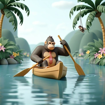 A large, muscular gorilla, resembling "Donkey Kong," is paddling a canoe down a calm jungle river. The canoe is made of wood and has a natural finish, floating gently on the clear water. Lush green jungle foliage surrounds the riverbanks, with large palm trees and colorful tropical flowers. Sunlight filters through the leaves, creating dappled patterns on the water's surface. "Donkey Kong" is wearing a red tie with his signature logo, and he is focused intently on paddling with a large oar, while a few playful monkeys can be seen swinging in the trees above.