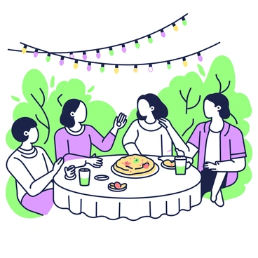 A garden party is taking place in a lush outdoor setting. Guests are seated at round tables covered with white tablecloths, enjoying a variety of crepes. Some guests are smiling and chatting animatedly, while others are savoring their food. Green foliage surrounds the area, providing a natural backdrop. Above, colorful string lights are draped between the trees, creating a festive atmosphere. In the center of one table, a large plate of crepes is decorated with fresh fruit and syrup. Nearby, a pitcher of lemonade is placed on another table, along with clear glasses.