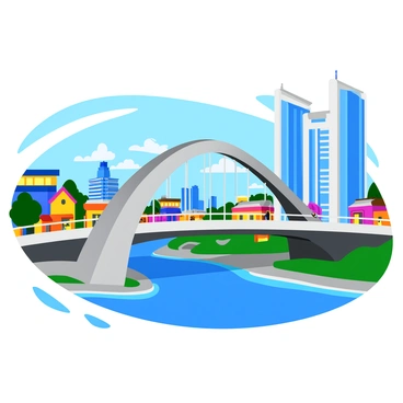 A modern bridge with an innovative design featuring sleek lines and geometric shapes. The bridge arches elegantly over a river, connecting two neighborhoods that differ in architectural style. On one side, there are vibrant, colorful buildings with a mix of styles, while the other side showcases taller, more minimalist structures with large glass windows. The sunlight reflects off the bridge's metallic surfaces, creating a striking visual contrast between the two distinct areas. People can be seen walking across the bridge, enjoying the view of the contrasting neighborhoods.