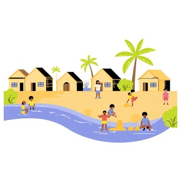 A peaceful village on the banks of the Nile River, featuring several low thatched-roof houses with mud walls. The river is wide and calm, reflecting the blue sky. Children are playing near the water, some splashing in the shallow areas while others are building sandcastles with golden sand. A few palm trees are swaying gently in the background. The scene is filled with greenery, including bushes and small flowers along the riverbank. The atmosphere is lively and cheerful, capturing the joy of childhood by the river.