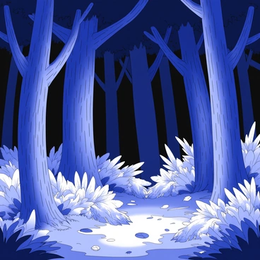 A forest at night, filled with various trees standing tall. The trees have intricate bark textures and detailed leaf shapes. Among the foliage, there are plants that emit a soft glow, illuminating the surroundings subtly. The ground is covered with a carpet of leaves and underbrush, creating a rich texture. The scene captures the stillness of the night, with faint shadows cast by the glowing plants and trees.