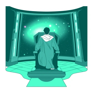 A teal futuristic throne room is adorned with sleek, metallic surfaces and glowing panels. In the center, a grand, elevated throne made of a shimmering material displays a majestic form. Sitting on the throne is a striking galactic emperor, draped in flowing robes that blend shades of teal and white. The emperor gazes out through a massive panoramic window, which reveals a vast starry galaxy filled with bright colors and sparkling stars. Behind the throne, intricate light fixtures illuminate the room with a soft glow, casting elegant shadows across the floor. The atmosphere is filled with a sense of wonder and power, with the galaxy's brilliance reflected in the emperor's thoughtful expression.