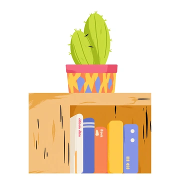 A small green cactus with spiky needles is positioned in a vibrant, patterned pot featuring orange, blue, and yellow colors. The pot sits atop a rustic wooden bookshelf that has visible grains and knots, giving it a weathered appearance. The bookshelf is filled with several books of various sizes and colors, creating a cozy atmosphere. The cactus stands out prominently against the warm tones of the wood.