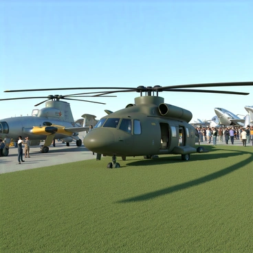An NH90 helicopter in military green and grey camouflage is prominently displayed at an airshow. The helicopter has a sleek design with dual rotors and a cockpit that is partially visible. Surrounding the NH90 are several historical aircraft, including a World War II-era fighter plane with a polished metal fuselage and bright insignia. The airshow is buzzing with spectators, some taking photographs, while others admire the aircraft. The sky is clear blue, and the ground is covered with grass, enhancing the vibrant scene. "NH90" is displayed on the helicopter's side in bold letters.