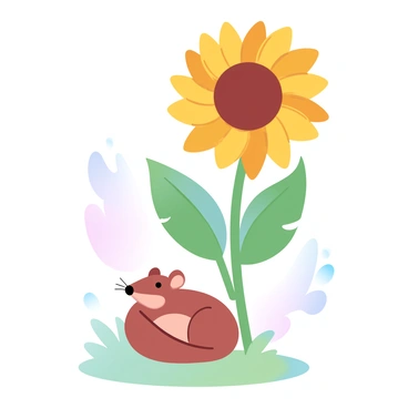 A shrew is nestled beside a tall sunflower, its small body curled up comfortably in the warm sunlight. The sunflower towers above, its large yellow petals radiating outward, surrounded by green leaves. The ground is covered with soft grass, and the sunlight casts gentle shadows around the scene. The bright colors of the sunflower contrast with the earthy tones of the shrew, creating a tranquil atmosphere.