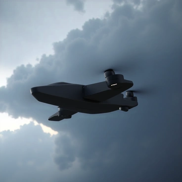 A kamikaze drone with a sleek, aerodynamic design is flying through the sky. The drone is black and has sharp edges, enhancing its stealthy appearance. It is silhouetted against a large, dark storm cloud that is rolling in from the horizon. The storm cloud is thick and ominous, with shades of deep gray and hints of blue, indicating an approaching storm. The sky above is a gradient of lighter gray, contrasting with the dark silhouette of the drone and the threatening cloud.