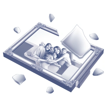 A shattered picture frame is scattered across the floor. The frame is made of wood, with ornate carvings along its edges. Glass shards are spread out unevenly around the frame, reflecting light in various angles. Inside the frame, a family photo is visible, showing four smiling family members. They are positioned closely together, showcasing a sense of togetherness. The background of the photo features a simple living room setting, with a soft couch and a few decorative items on a shelf.