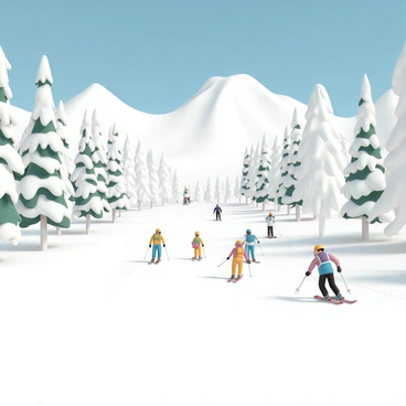A group of skiers, wearing colorful ski jackets and helmets, is descending a snowy slope in Whistler. They are positioned in various poses, some leaning forward as they carve through the snow, while others are in mid-turn. The terrain is covered in a thick layer of untouched white snow, and a few ski tracks are visible behind them. Lining the trail are tall pine trees, their branches heavy with snow, creating a natural border on either side of the slope. In the background, majestic mountains rise against a clear blue sky.