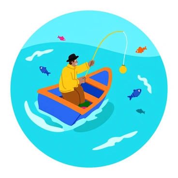 A fisherman in a small boat is seen from above, creating a circular, exaggerated perspective due to the fish-eye lens. The boat is painted bright blue and has a wooden finish, bobbing on the water. The fisherman is wearing a yellow raincoat and a black hat, casting his fishing line into the water, which appears a vibrant shade of turquoise. Surrounding the boat, the water is rippling with dynamic waves, and small splashes are visible where the line enters the water. Nearby, several colorful fish can be glimpsed swimming beneath the surface.