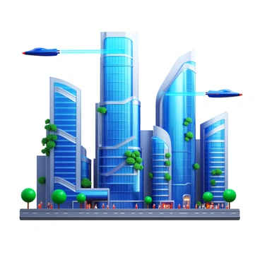 A futuristic city skyline featuring sleek, modern architecture with glass facades and geometric shapes. Flying cars zoom between the buildings, leaving trails of light as they navigate the airspace. The streets below are bustling with people, and greenery is integrated into the urban design with vertical gardens on the sides of buildings. Bright neon lights illuminate the scene, adding a vibrant atmosphere to the city.
