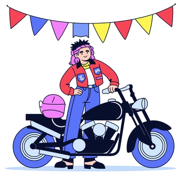 A biker girl stands proudly next to her shiny black motorcycle. She is wearing a leather jacket adorned with patches and a helmet resting on the bike's seat. Colorful banners in various shades of red, blue, and yellow hang overhead, celebrating the bike rally. The motorcycle has chrome details and two shining headlights. The ground beneath her is paved, and the atmosphere is lively with the spirit of the rally.