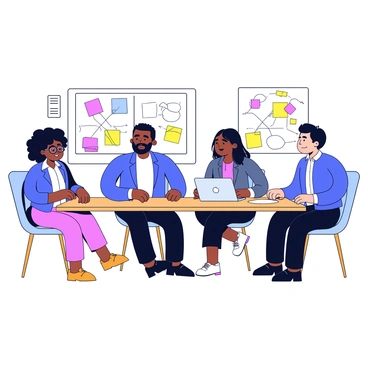 A diverse group of entrepreneurs is gathered around a rectangular wooden table. There are four individuals: a Black woman with curly hair wearing glasses, a South Asian man in a blue blazer, a Hispanic woman with long straight hair dressed in a smart casual outfit, and a Caucasian man with a short beard wearing a shirt. They are all engaged in conversation, with papers and a laptop open in front of them. The room has bright lighting and a whiteboard on one wall with colorful notes and diagrams. Everyone appears focused and animated as they discuss their new business plan.