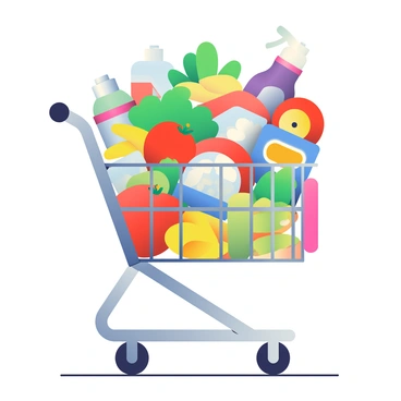 A shopping cart is filled to the brim with a variety of colorful groceries and household items. The cart is metallic silver with a black handle, and it features a large selection of fresh produce, including bright red tomatoes, vibrant green lettuce, and yellow bananas. Various packaged foods, such as a blue box of cereal and a red jar of pasta sauce, are also visible among the items. Household products, like a green bottle of cleaning spray and a purple package of laundry detergent, are stacked in the cart. The scene is bright and lively, showcasing the abundance of products.