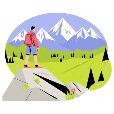 A lone hiker wearing a bright red jacket stands confidently on a rocky mountain peak. The hiker has a backpack slung over one shoulder and is gazing down at a sprawling green valley below. The valley is filled with various shades of green trees and patches of colorful wildflowers. In the distance, majestic mountains rise, partially covered in white snow. A blue sky with fluffy white clouds creates a vivid backdrop to the scene.