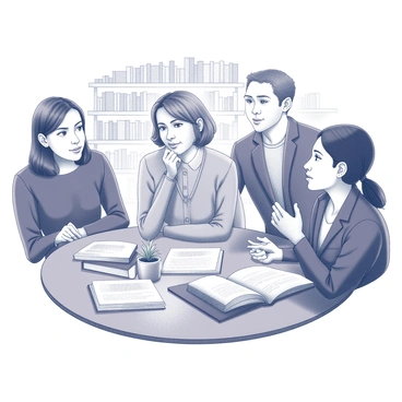 A woman named "Kartini" is seated at a table in a spacious literary event setting. She is engaged in a thoughtful conversation with several individuals around her. There are stacks of "books" on the table, alongside a small potted "plant" that adds a touch of nature to the scene. The background features shelves filled with "books," creating an atmosphere of knowledge and culture. Participants around her display expressions of curiosity and engagement, emphasizing the lively intellectual discussions taking place. The overall composition captures the essence of a dynamic literary gathering.