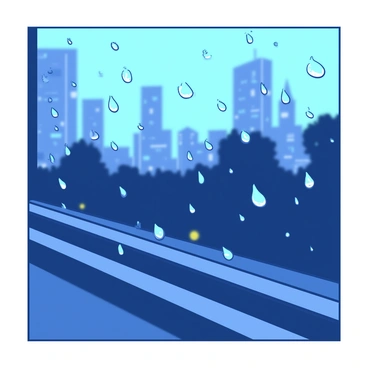 A close-up view of a windowpane with multiple raindrops sliding down its surface. Each raindrop reflects the light and creates a small distorted image of the surroundings. In the background, a blurry cityscape is visible, with tall buildings and a hint of glowing streetlights creating an impression of urban life. The scene conveys a sense of movement as the raindrops descend steadily, blurring the details of the city beyond.