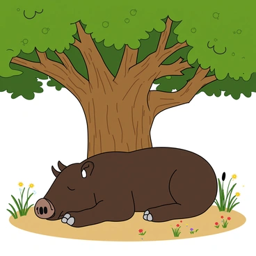 A large wild boar with dark brown fur is lying peacefully on the ground, tucked beneath the wide canopy of a sprawling oak tree. The tree's robust trunk is thick and gnarled, with a broad expanse of green leaves providing a cool, shaded area. Sunlight filters through the leaves, casting dappled patterns on the ground around the boar. The boar is curled slightly with its head resting on its front legs, its eyes closed in a relaxed state. A few scattered wildflowers and grasses surround the boar, adding a touch of color to the earthy scene. Small insects can be seen buzzing in the air, completing the tranquil setting.