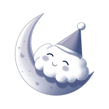 A peaceful cloud wearing a nightcap, sleeping on a crescent moon