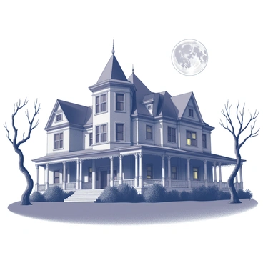 A large, ominous mansion stands prominently in the scene. Its architecture features sharp gables, tall windows, and a sprawling porch adorned with intricate woodwork. The mansion's roof is steeply pitched, and some windows are dark while others emit an eerie glow. In the foreground, twisted trees with barren branches reach towards the mansion, enhancing the unsettling atmosphere. A full moon hangs high in the night sky, casting stark shadows across the landscape and illuminating the details of the mansion's facade. The overall composition evokes a sense of mystery and foreboding.