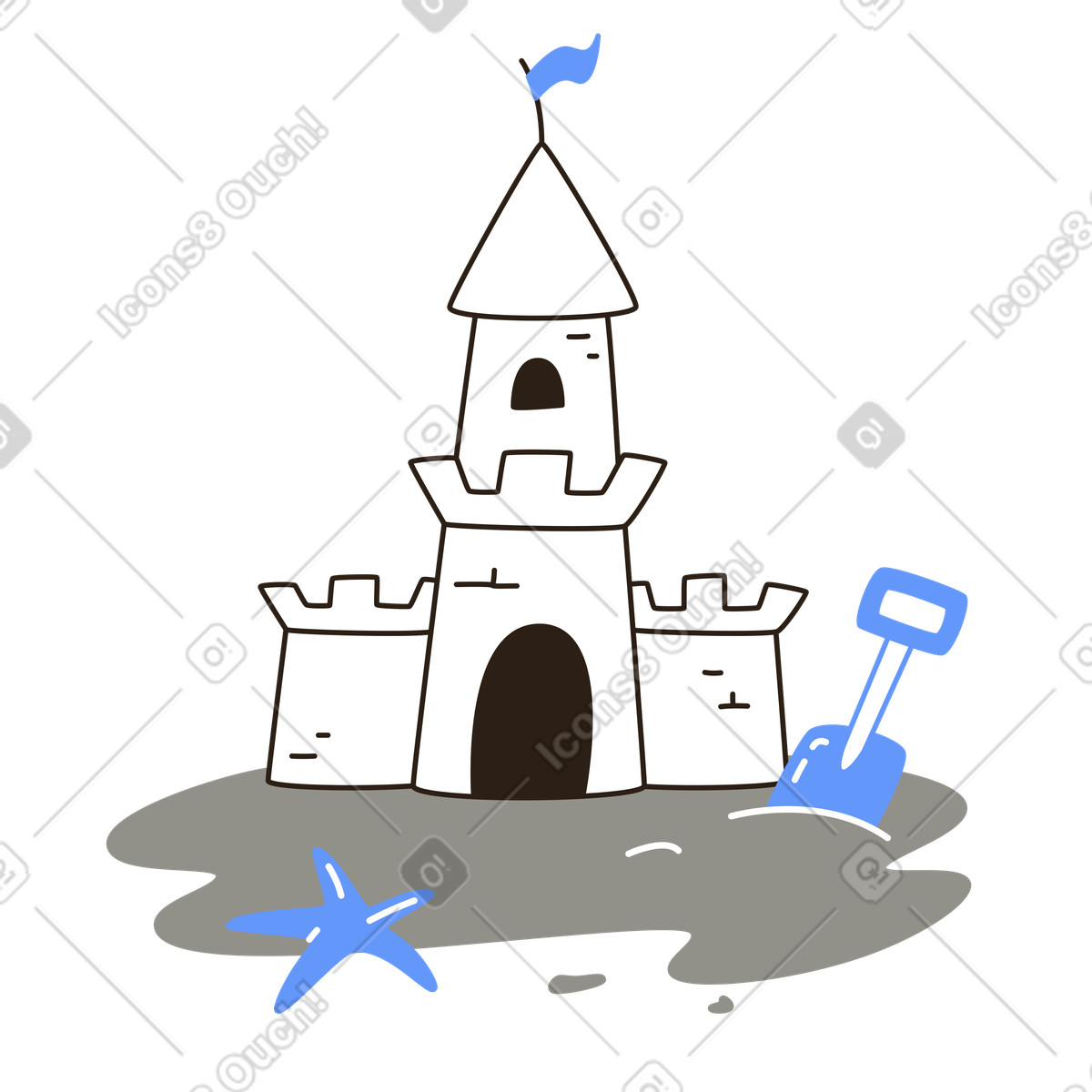 Castello di sabbia con pala e stelle marine, vacanza al mare relax illustrazione in stile Plain scarica in PNG, SVG