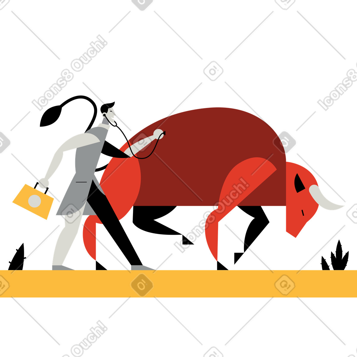 Veterinarian examining a bull in the field illustration Burgundy style download PNG, SVG