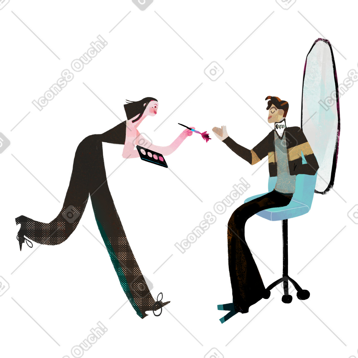 Woman running to do a makeup for actor illustration in Fabulous style download in PNG, SVG