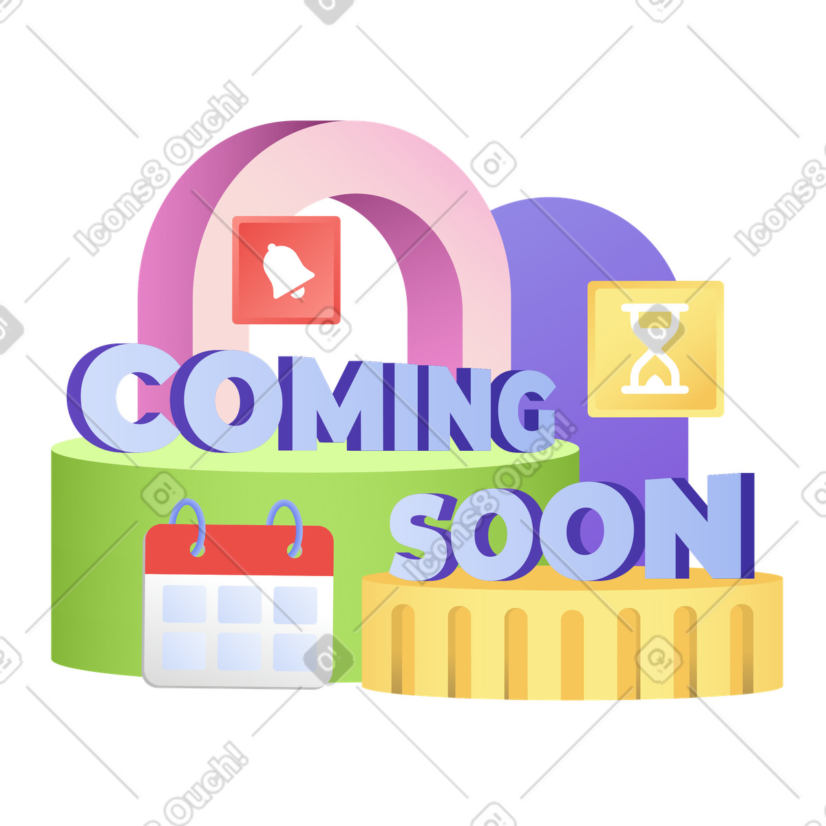 Lettering Coming Soon with hourglass and calendar signs text illustration in Levels style download in PNG, SVG