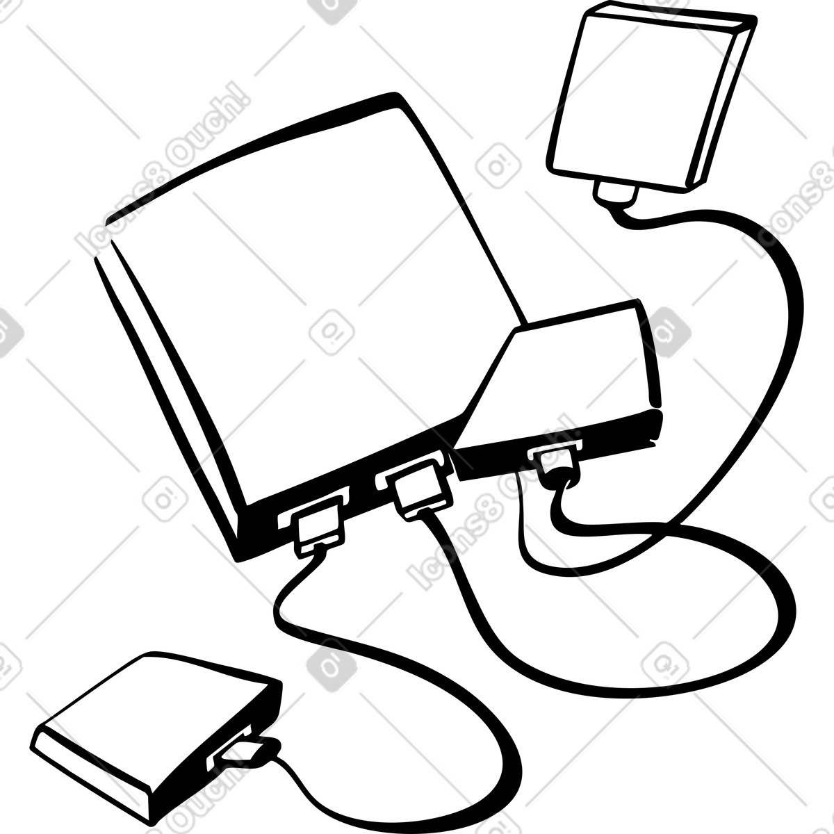 Electronic devices connected by cables illustration in PNG, SVG
