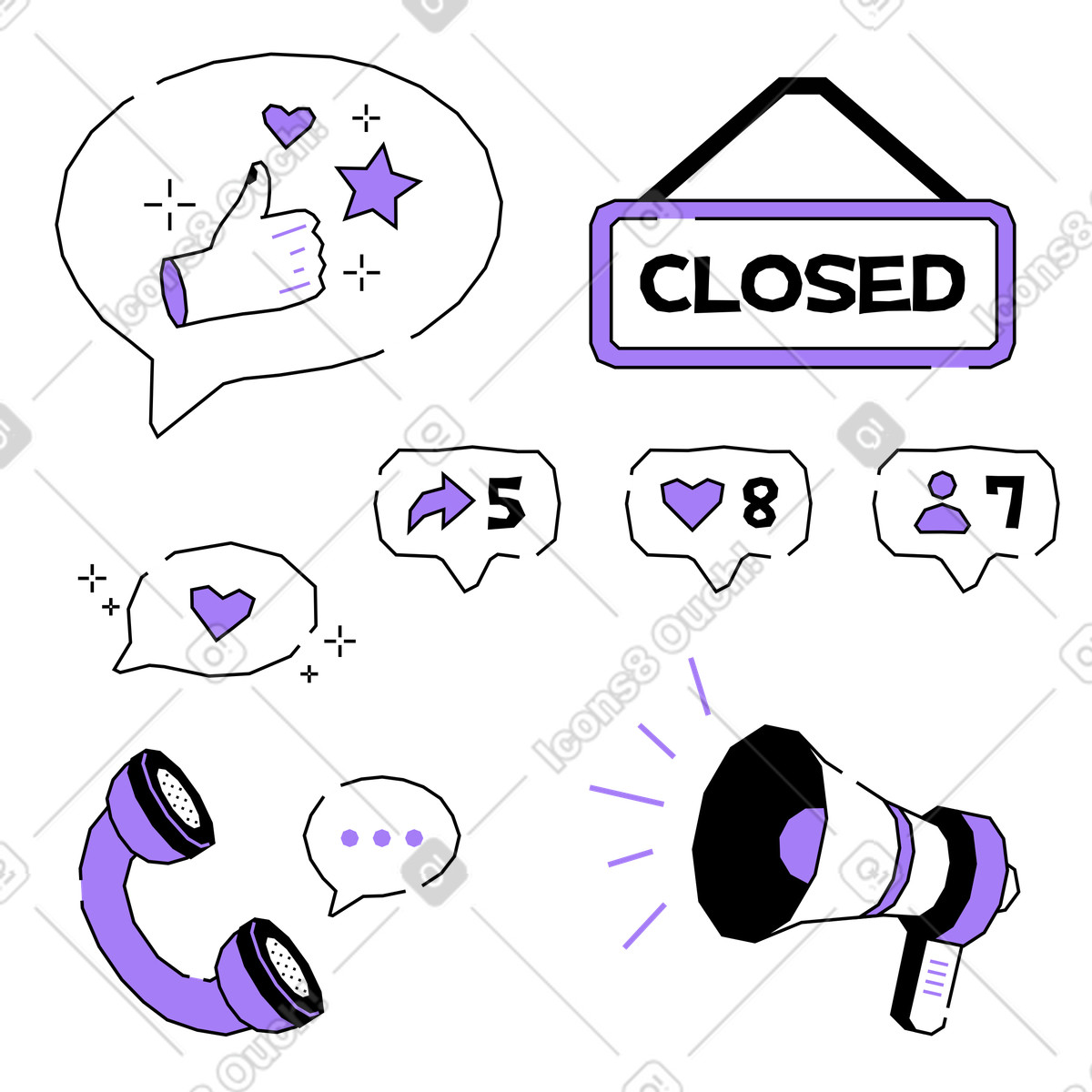 Marketing digitale, coinvolgimento del pubblico e recensione cliente illustrazione in stile Amethyst scarica in PNG, SVG
