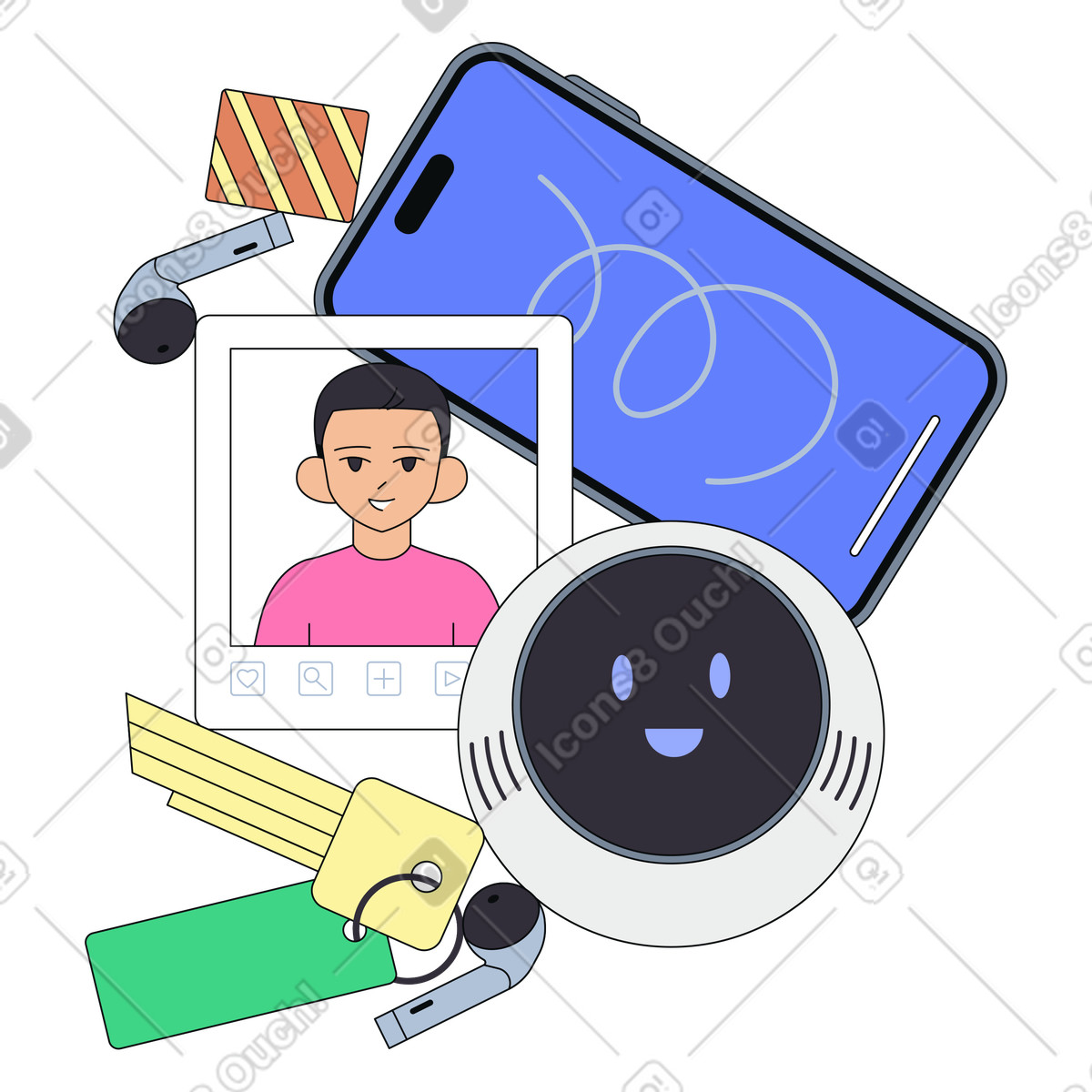 AI-powered personal assistant for daily devices,User-centric ecosystem phone, AI, and wearables, Personal profile and smart keychain system illustration in Teko style download in PNG, SVG